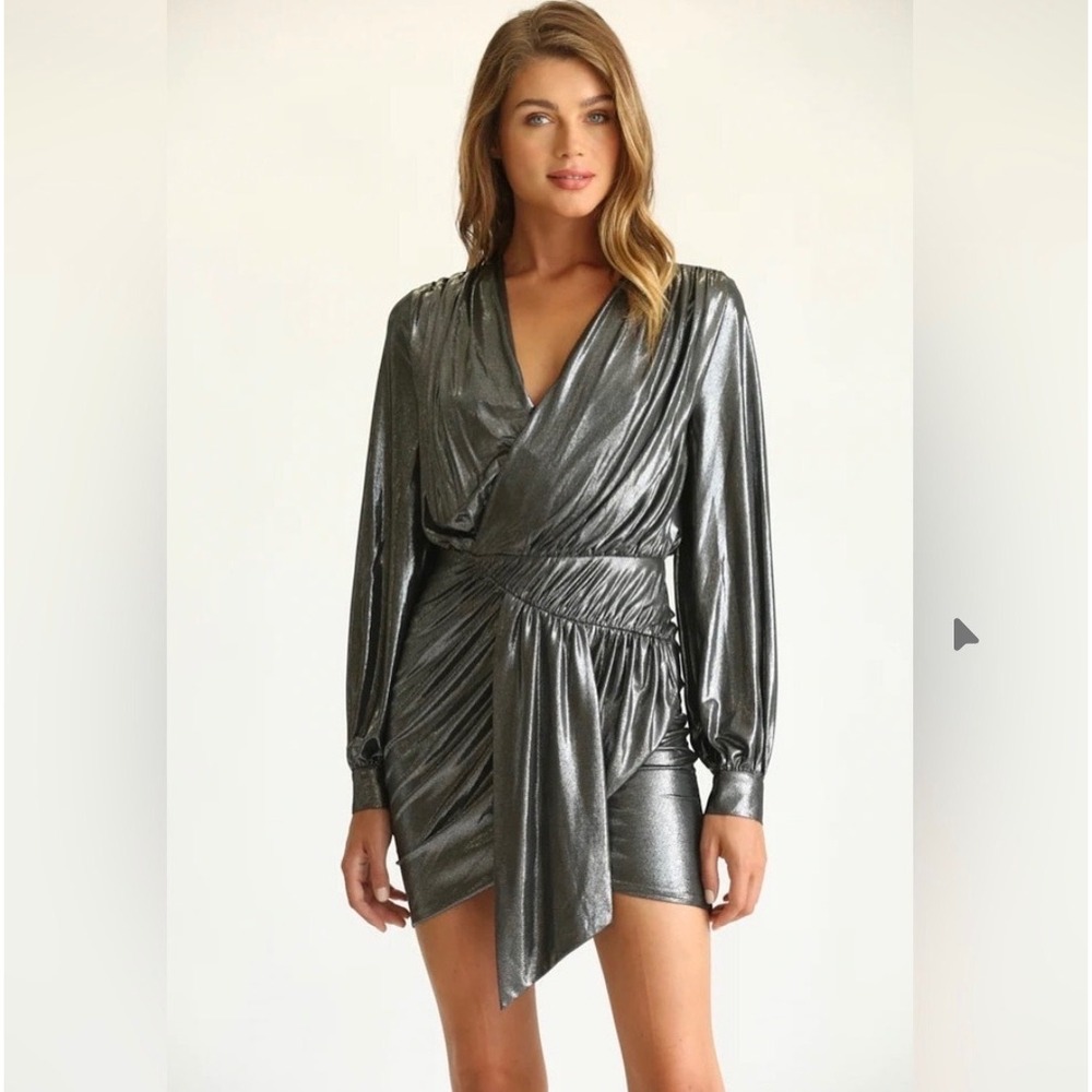 Fate Women Metallic Black Long Sleeve Ruched Mini Dress V-Neck Pleated Party S‎